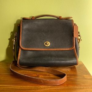 VINTAGE Coach Messenger Style Handbag, navy with brown trim